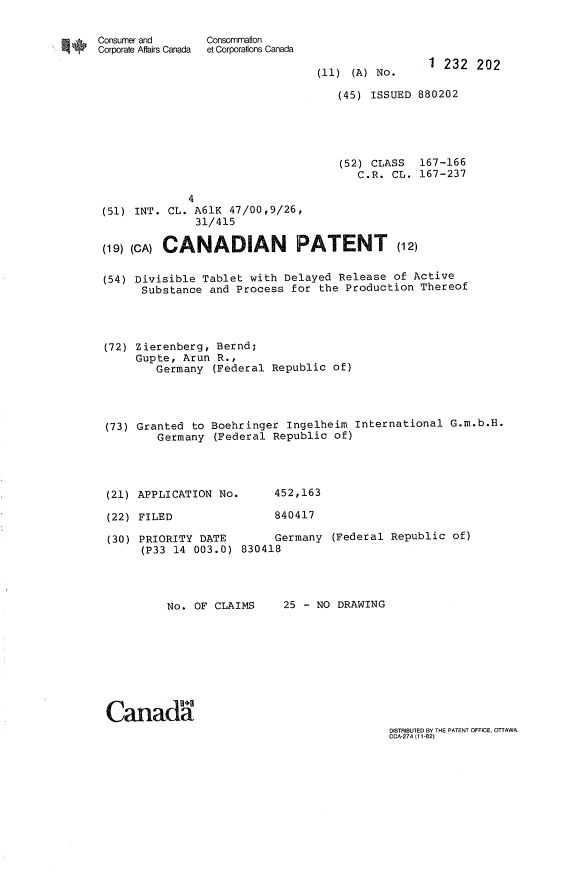 Document de brevet canadien 1232202. Page couverture 19921207. Image 1 de 1