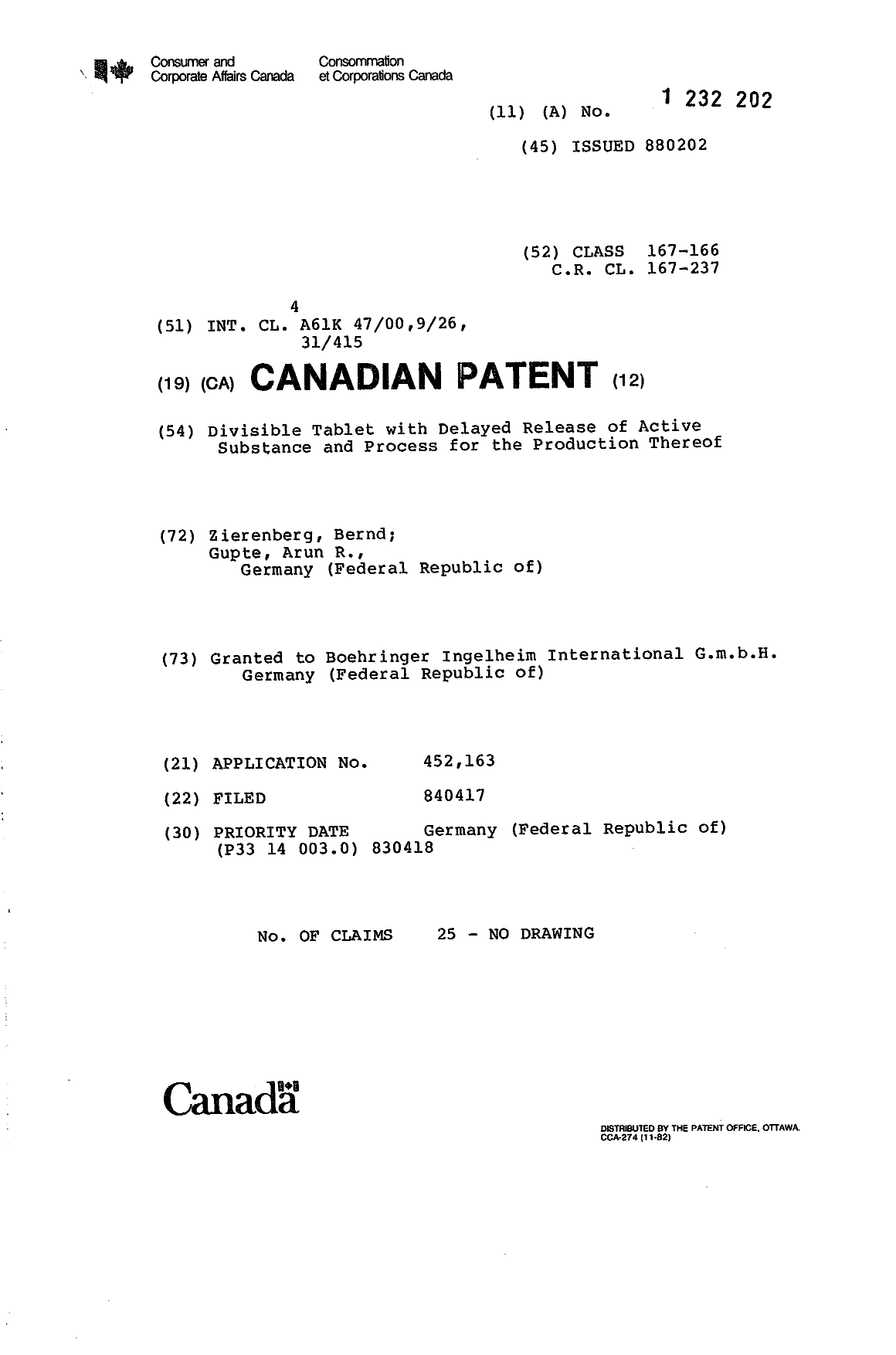Document de brevet canadien 1232202. Page couverture 19921207. Image 1 de 1