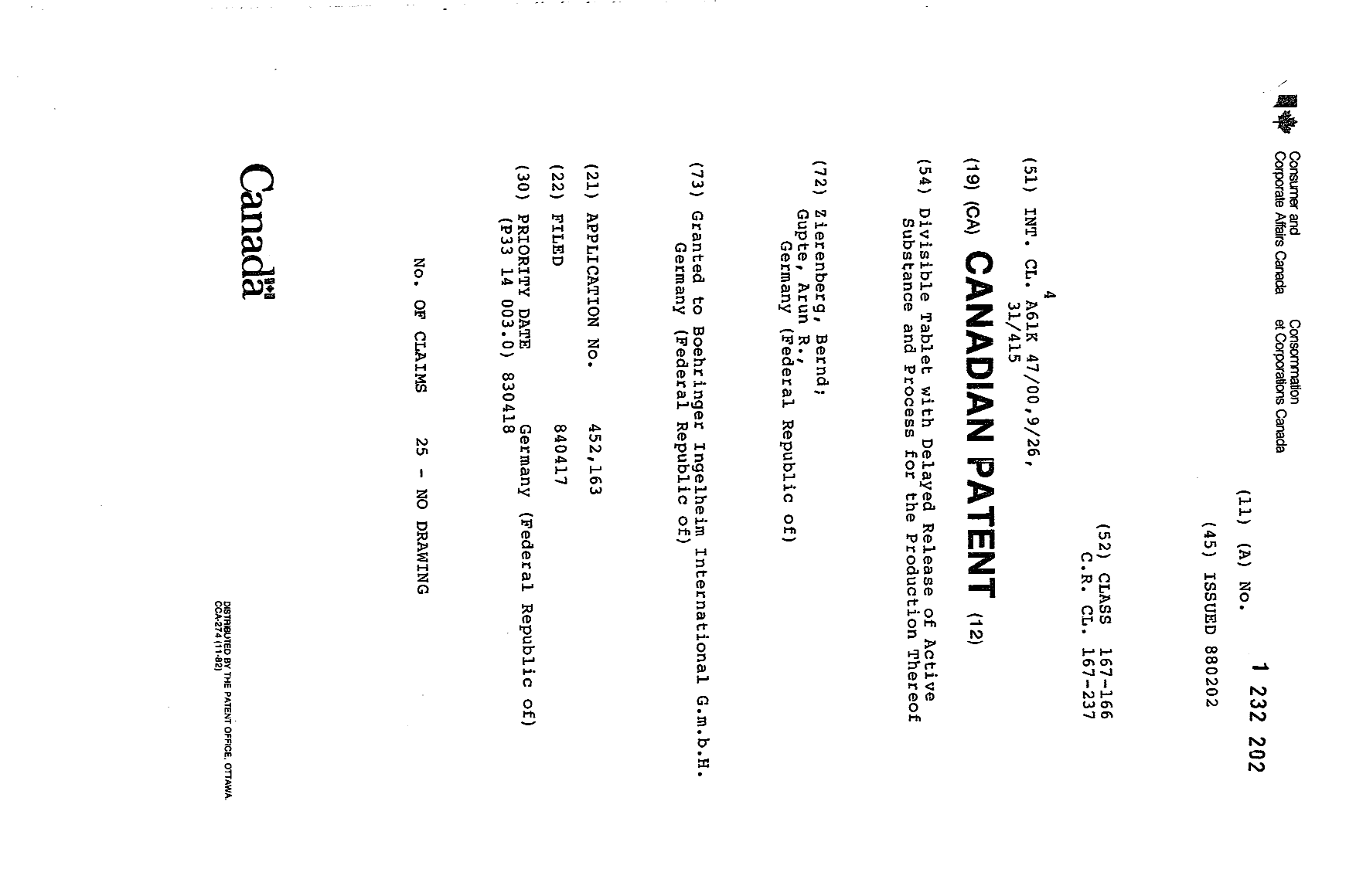 Canadian Patent Document 1232202. Cover Page 19921207. Image 1 of 1