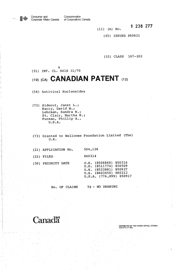 Document de brevet canadien 1238277. Page couverture 19930810. Image 1 de 1