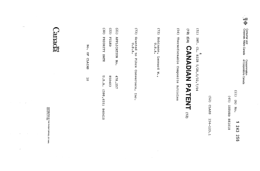 Document de brevet canadien 1243256. Page couverture 19931001. Image 1 de 1