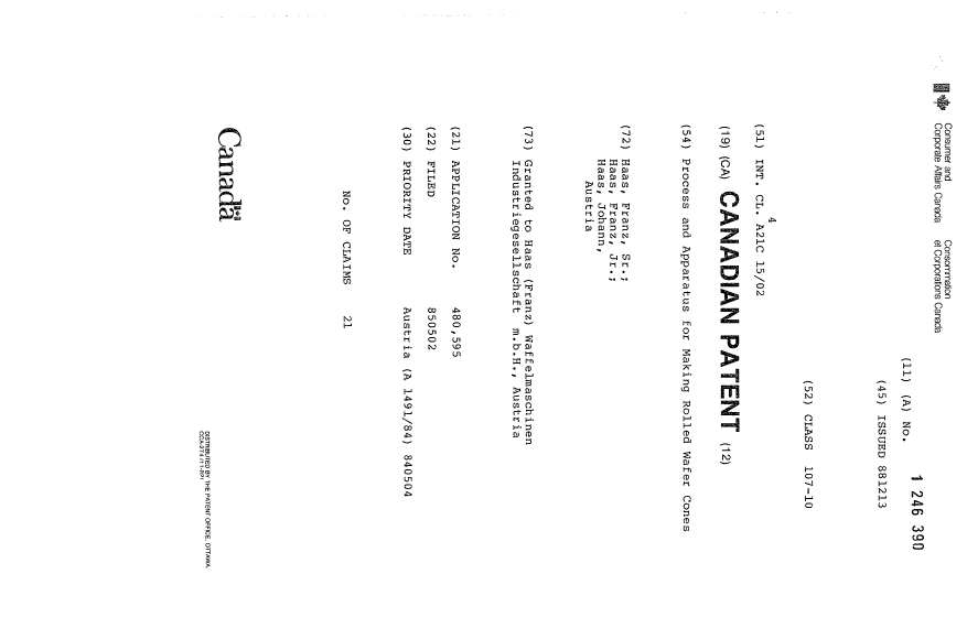 Document de brevet canadien 1246390. Page couverture 19931003. Image 1 de 1
