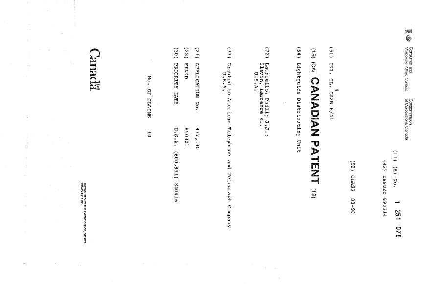 Document de brevet canadien 1251078. Page couverture 19930828. Image 1 de 1