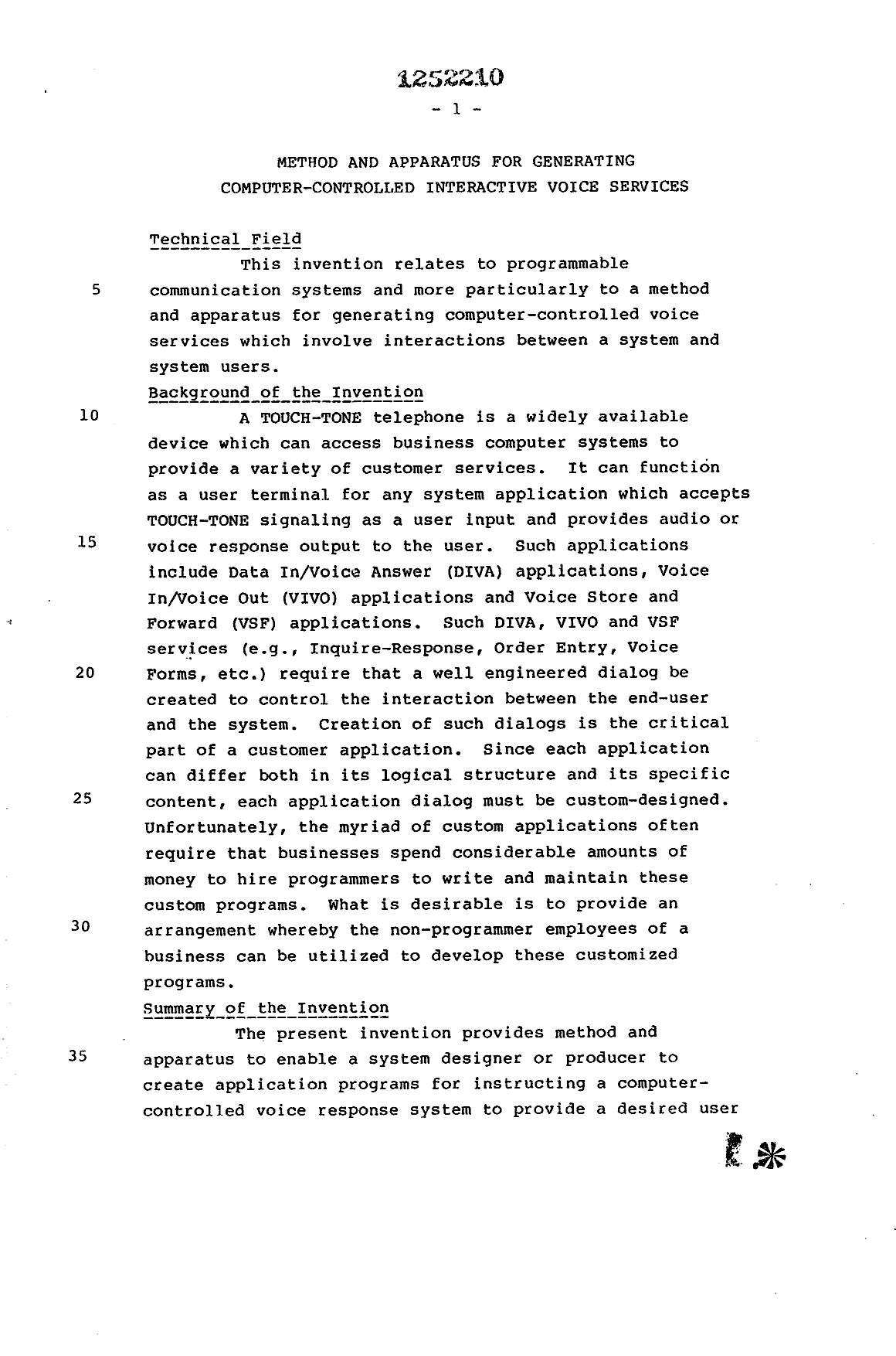 Canadian Patent Document 1252210. Description 19921202. Image 1 of 36