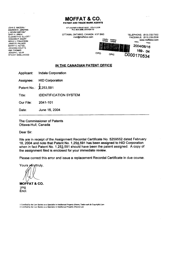 Document de brevet canadien 1253591. Cession 20040616. Image 1 de 8