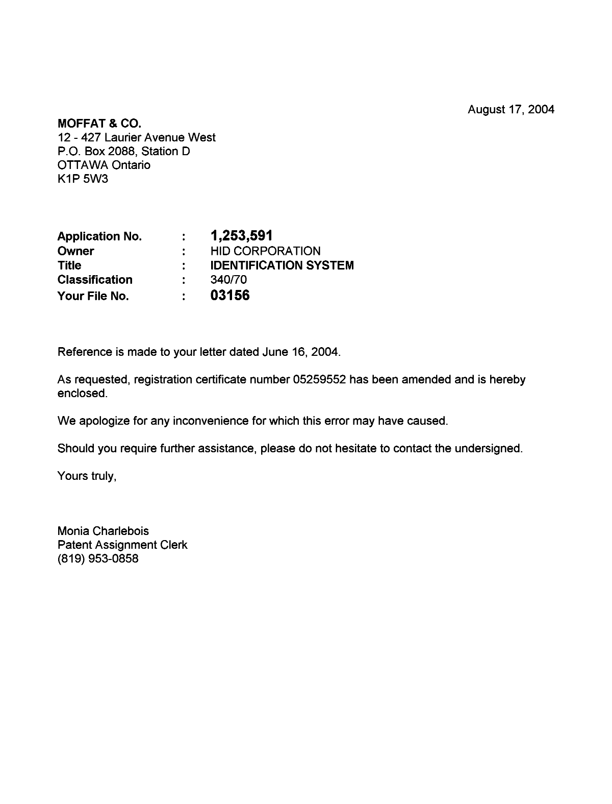 Canadian Patent Document 1253591. Correspondence 20040817. Image 1 of 1