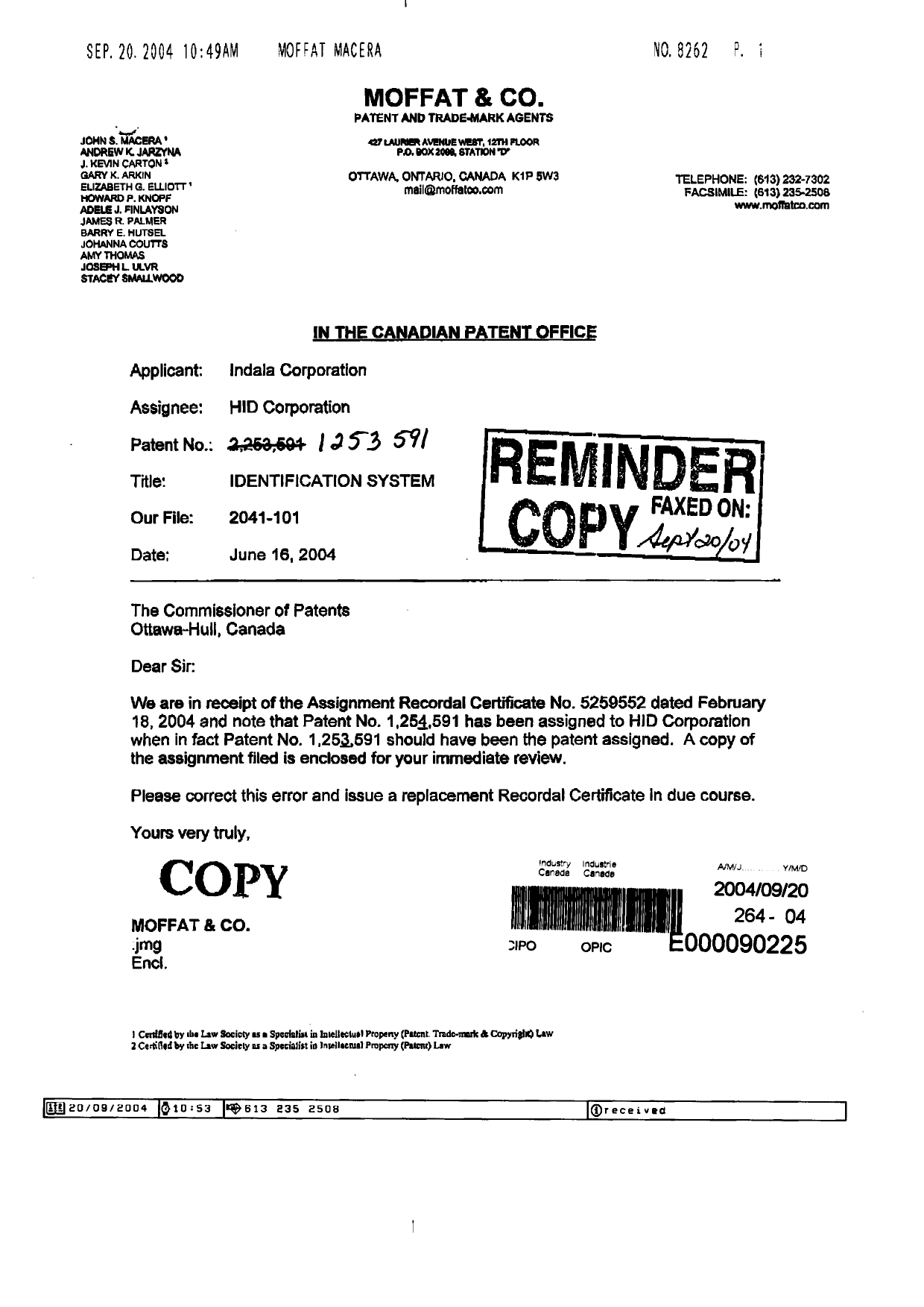 Canadian Patent Document 1253591. Assignment 20040920. Image 1 of 1