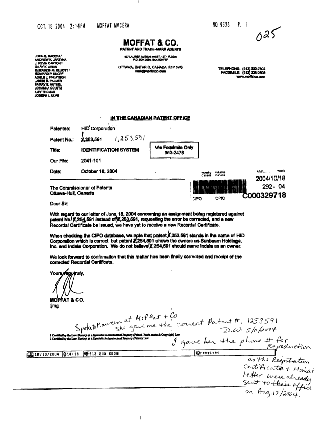 Document de brevet canadien 1253591. Cession 20041018. Image 1 de 10