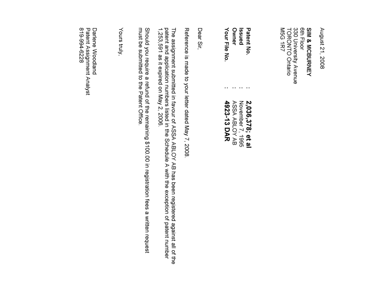 Canadian Patent Document 1253591. Correspondence 20080821. Image 1 of 1