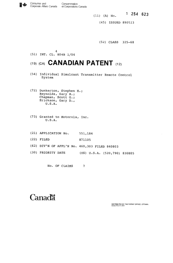Document de brevet canadien 1254623. Page couverture 19930903. Image 1 de 1