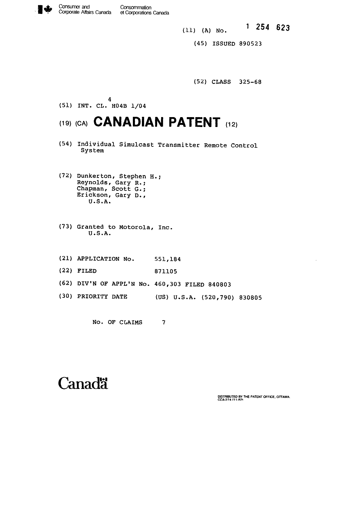 Canadian Patent Document 1254623. Cover Page 19930903. Image 1 of 1