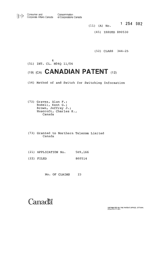 Canadian Patent Document 1254982. Cover Page 19930921. Image 1 of 1