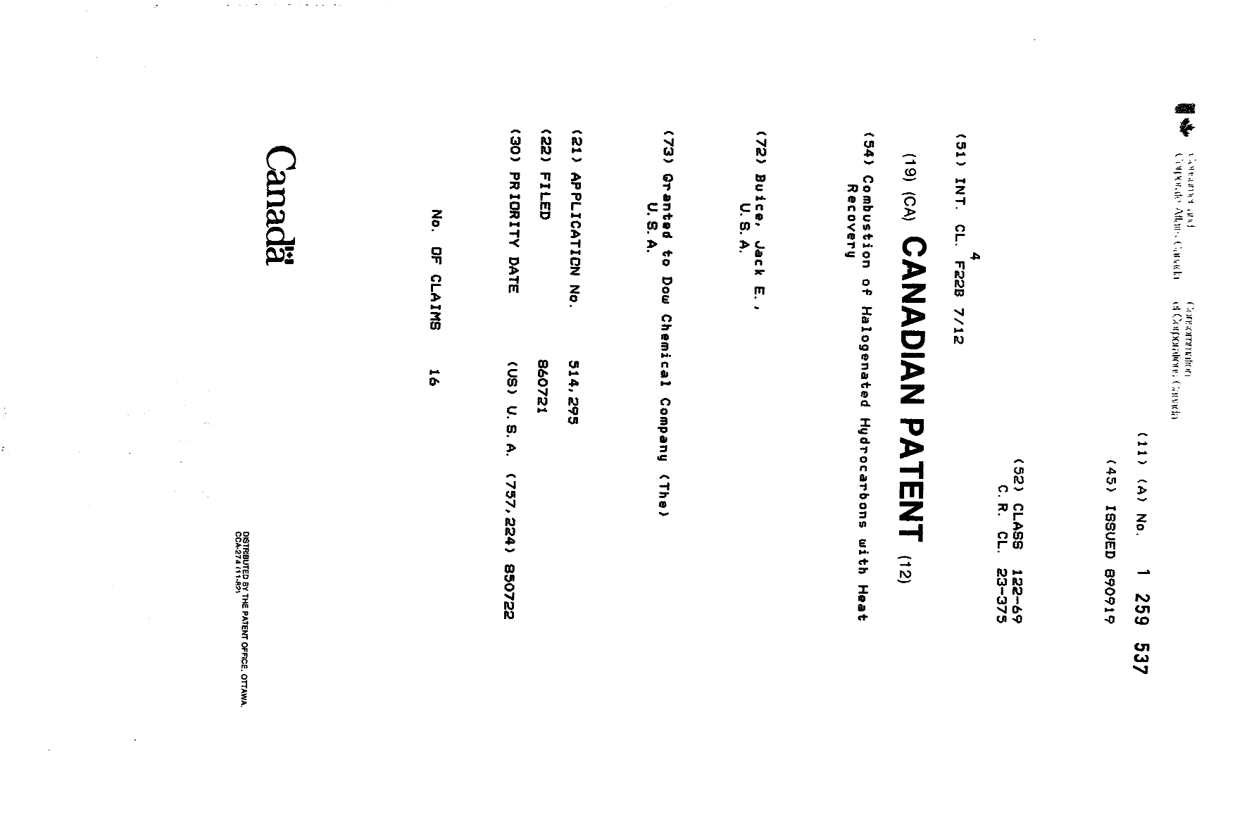 Canadian Patent Document 1259537. Cover Page 19930909. Image 1 of 1