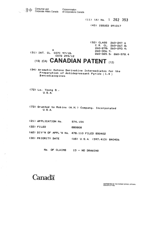 Document de brevet canadien 1262353. Page couverture 19930914. Image 1 de 1