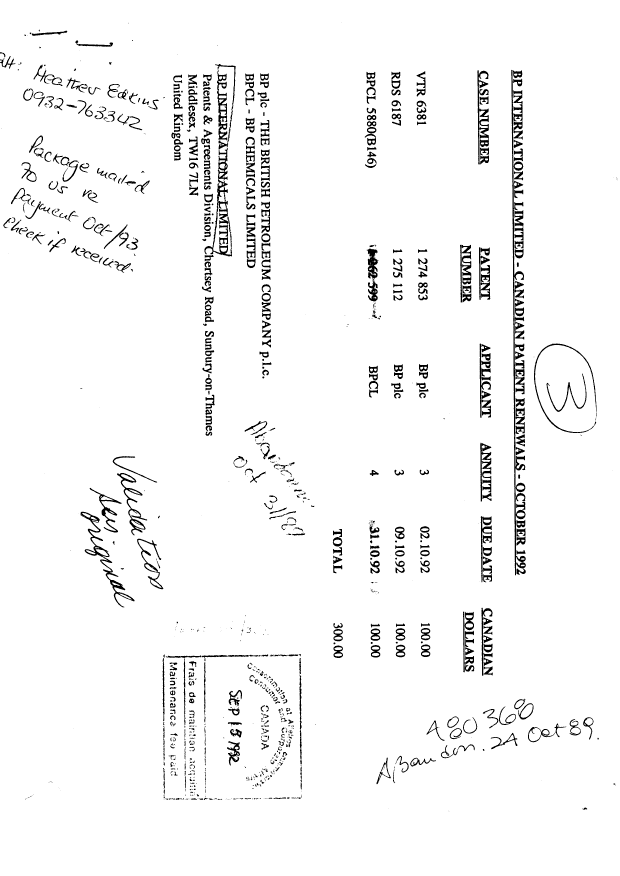 Canadian Patent Document 1262599. Fees 19920915. Image 1 of 1