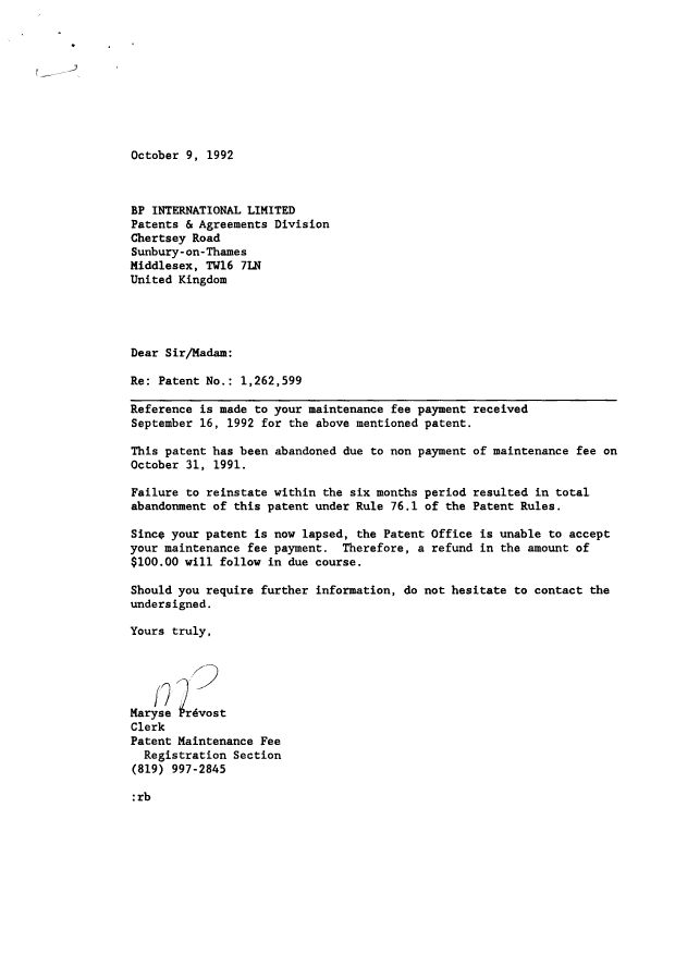Canadian Patent Document 1262599. Fees 19921009. Image 1 of 1