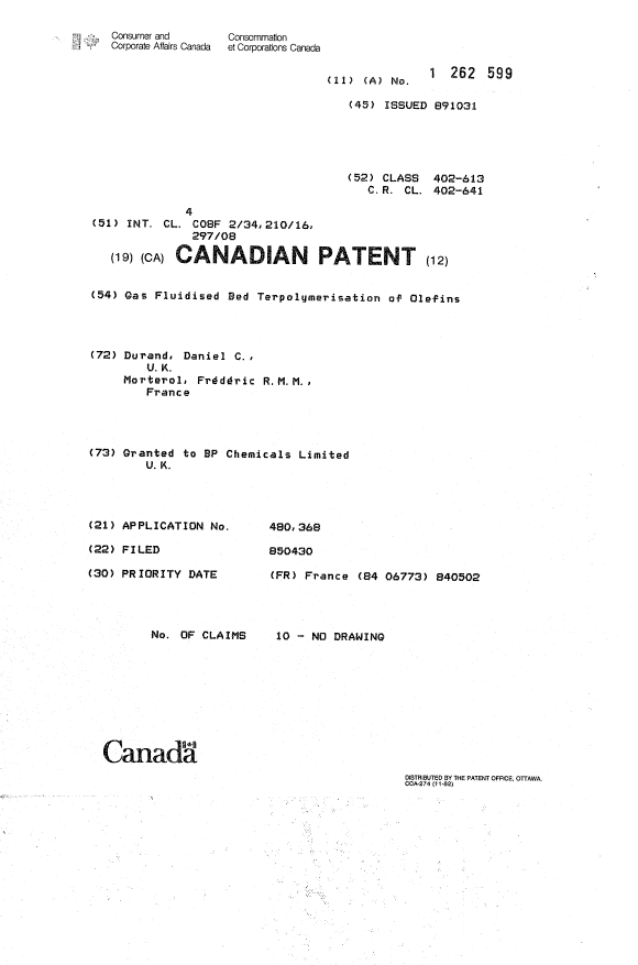 Canadian Patent Document 1262599. Cover Page 19930914. Image 1 of 1