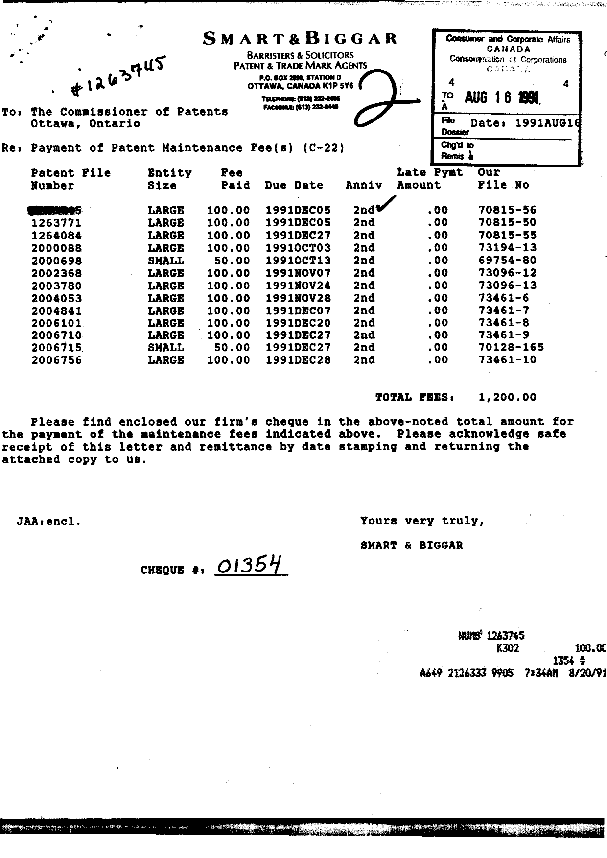 Document de brevet canadien 1263745. Taxes 19910816. Image 1 de 1