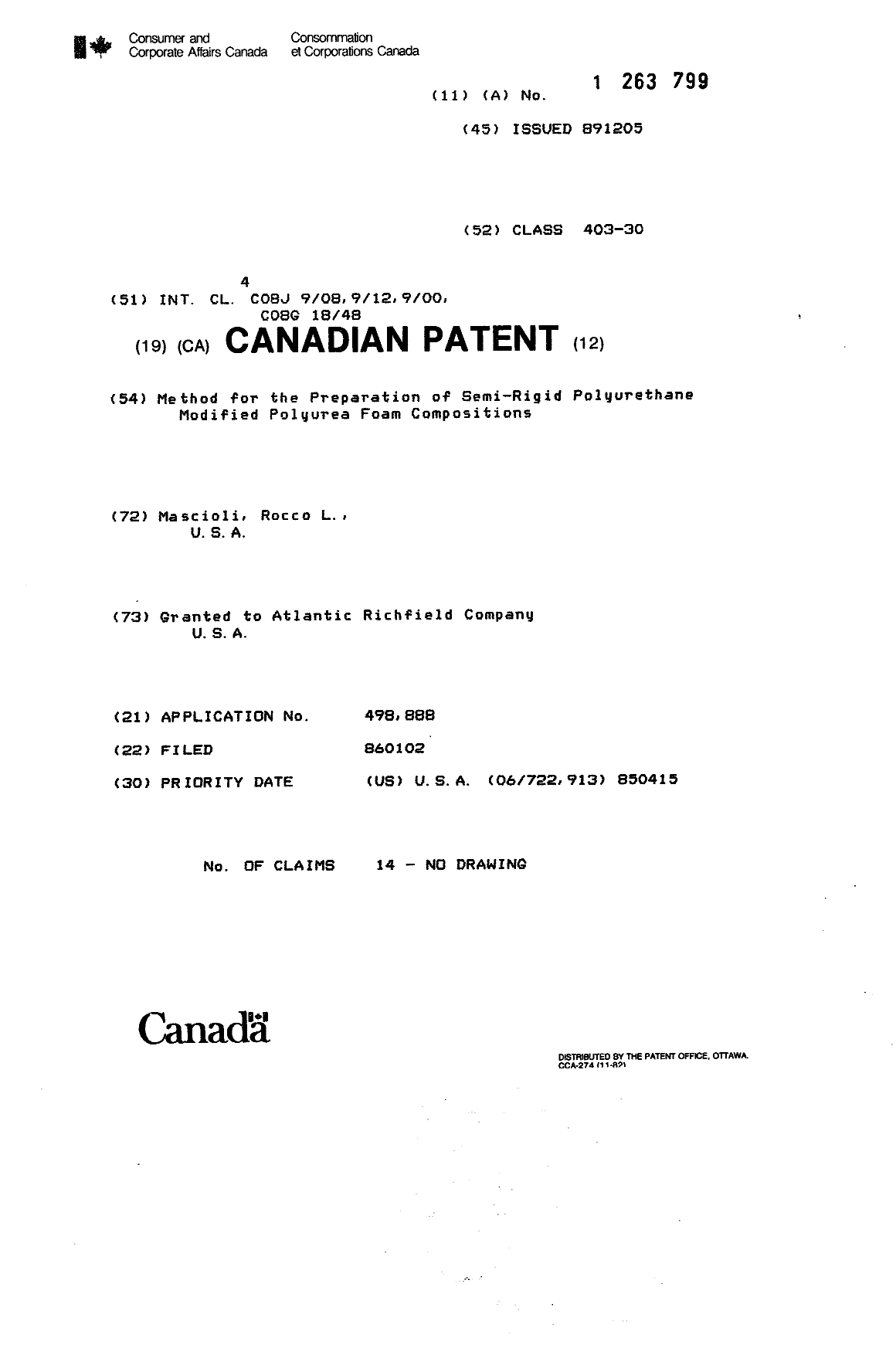 Document de brevet canadien 1263799. Page couverture 19930915. Image 1 de 1