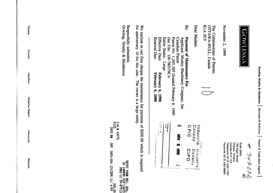 Document de brevet canadien 1265385. Taxes 19991102. Image 1 de 1
