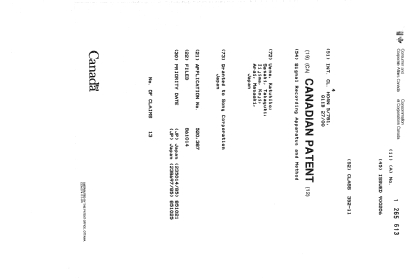 Canadian Patent Document 1265613. Cover Page 19930918. Image 1 of 1