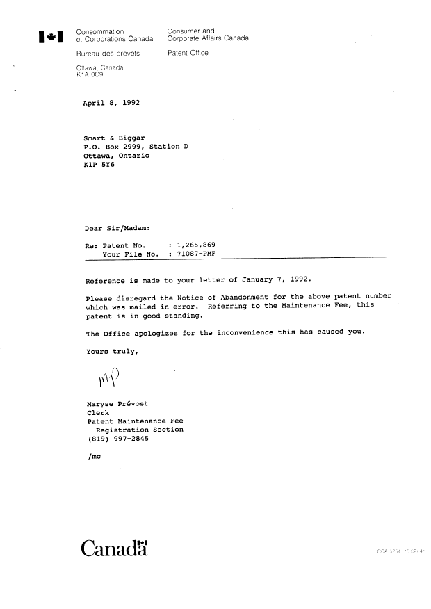 Document de brevet canadien 1265869. Taxes 19920408. Image 1 de 1