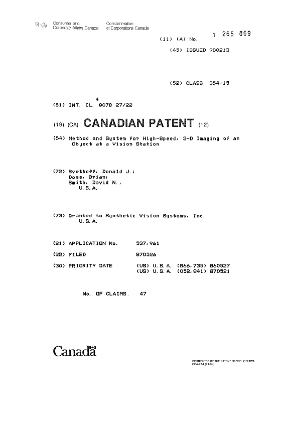 Canadian Patent Document 1265869. Cover Page 19931022. Image 1 of 1