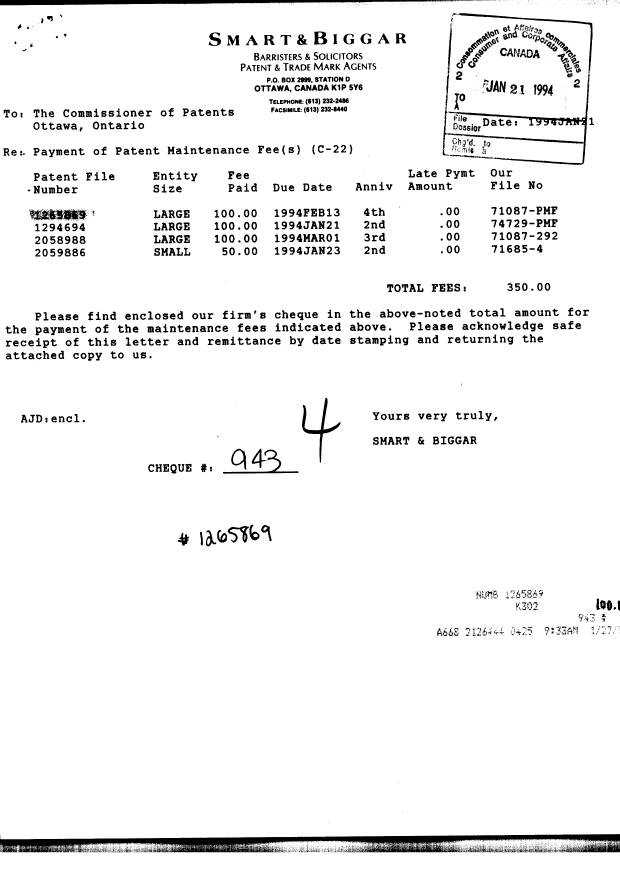 Document de brevet canadien 1265869. Taxes 19940121. Image 1 de 1