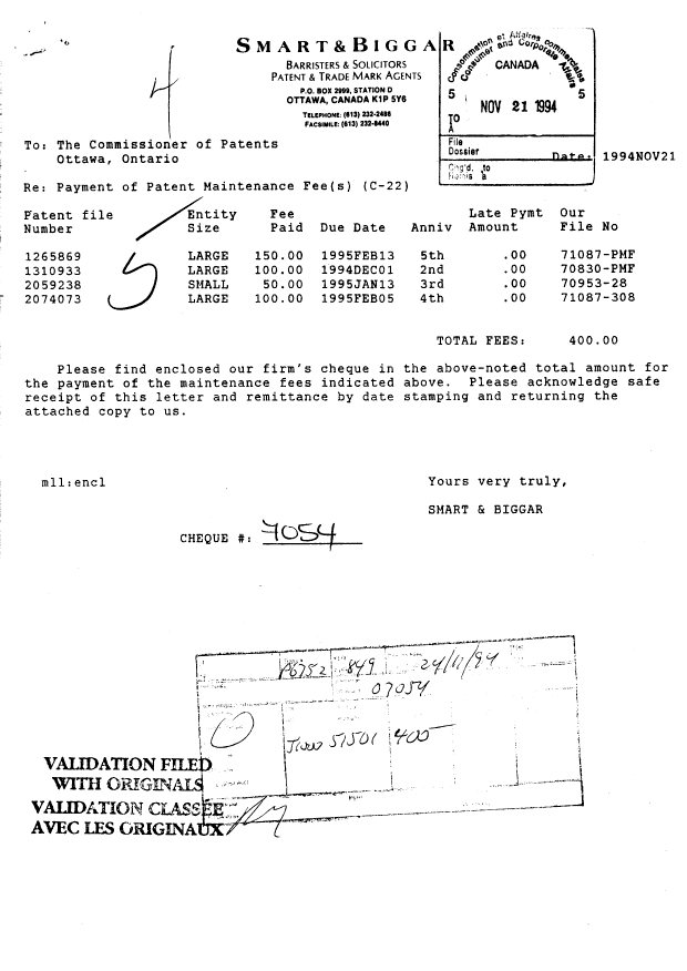 Canadian Patent Document 1265869. Fees 19941121. Image 1 of 1