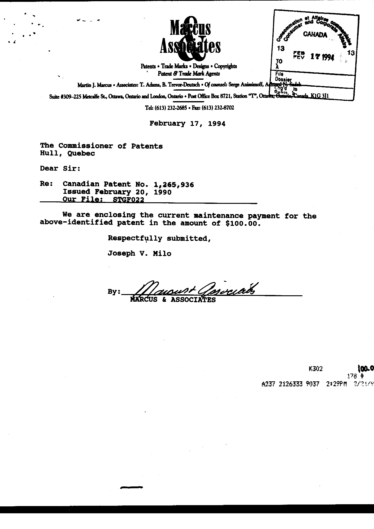 Document de brevet canadien 1265936. Taxes 19940217. Image 1 de 1