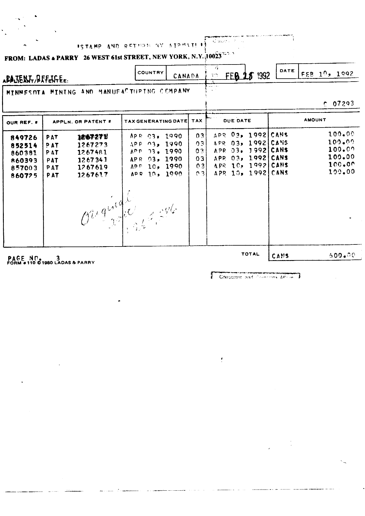 Document de brevet canadien 1267271. Taxes 19920228. Image 1 de 1