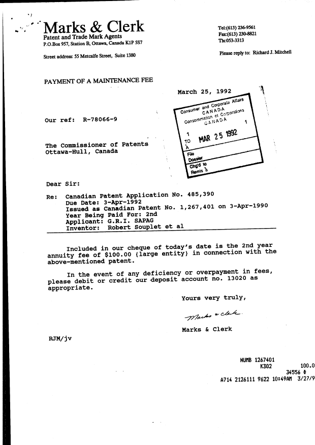 Document de brevet canadien 1267401. Taxes 19920325. Image 1 de 1