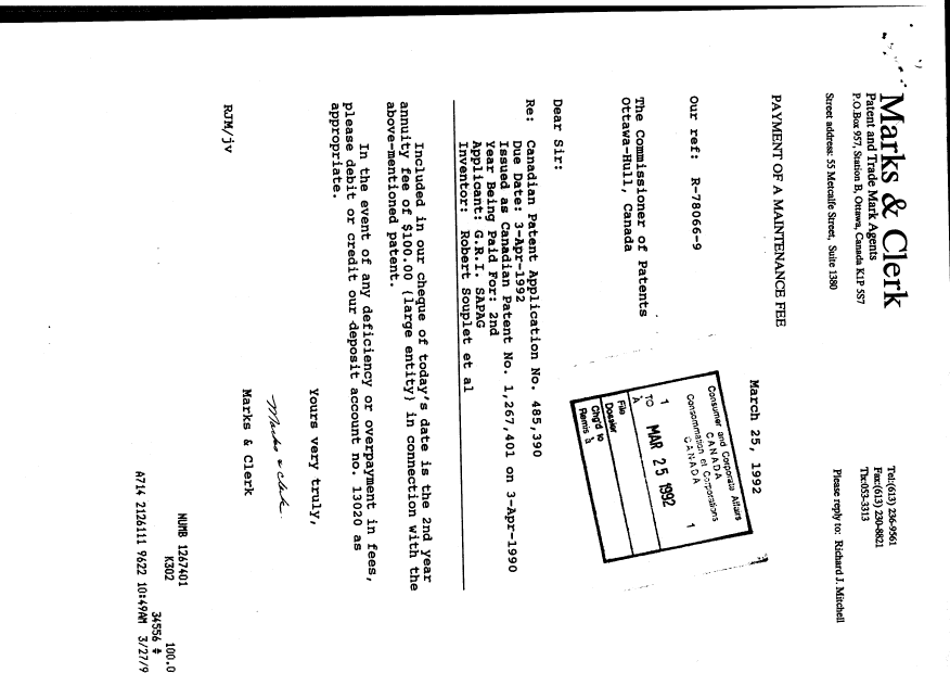 Document de brevet canadien 1267401. Taxes 19920325. Image 1 de 1