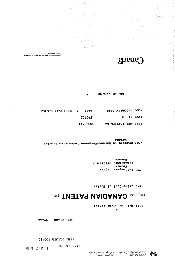 Canadian Patent Document 1267585. Cover Page 19930918. Image 1 of 1