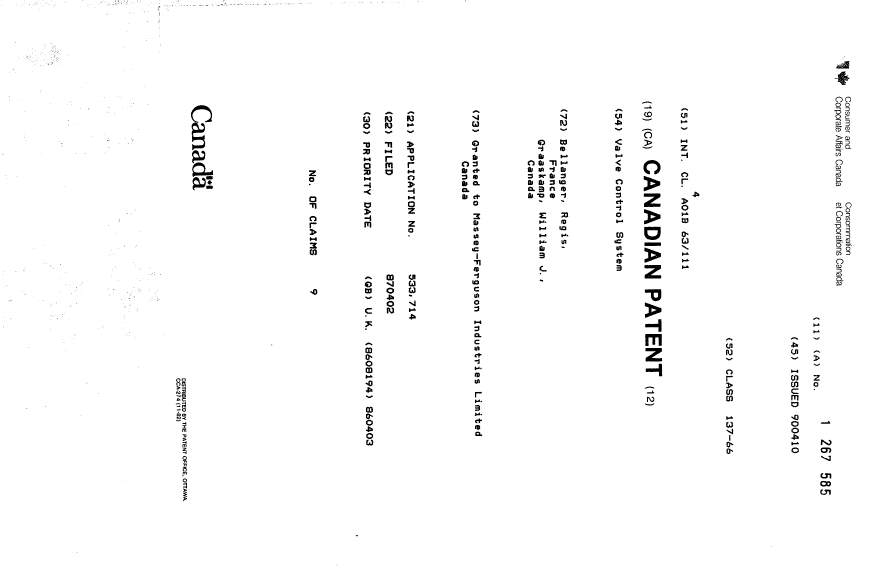 Document de brevet canadien 1267585. Page couverture 19930918. Image 1 de 1