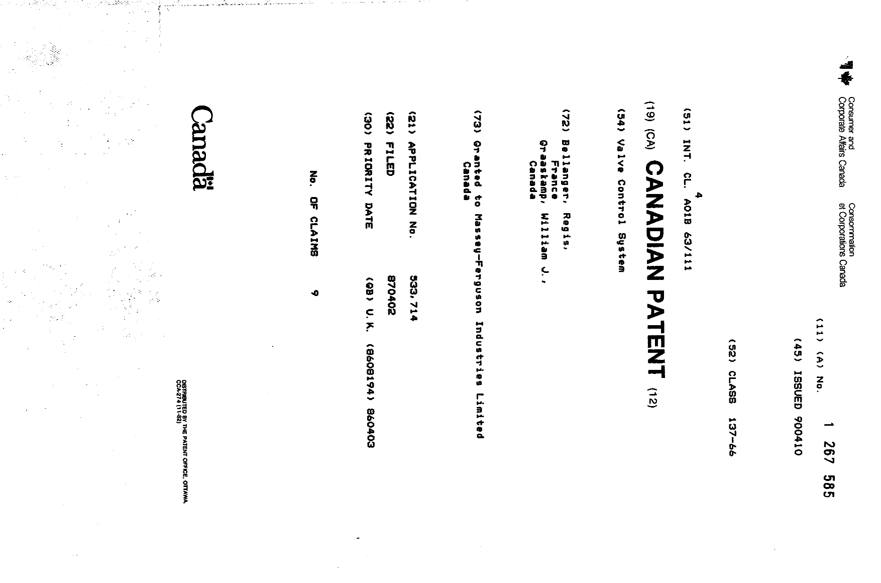 Canadian Patent Document 1267585. Cover Page 19930918. Image 1 of 1