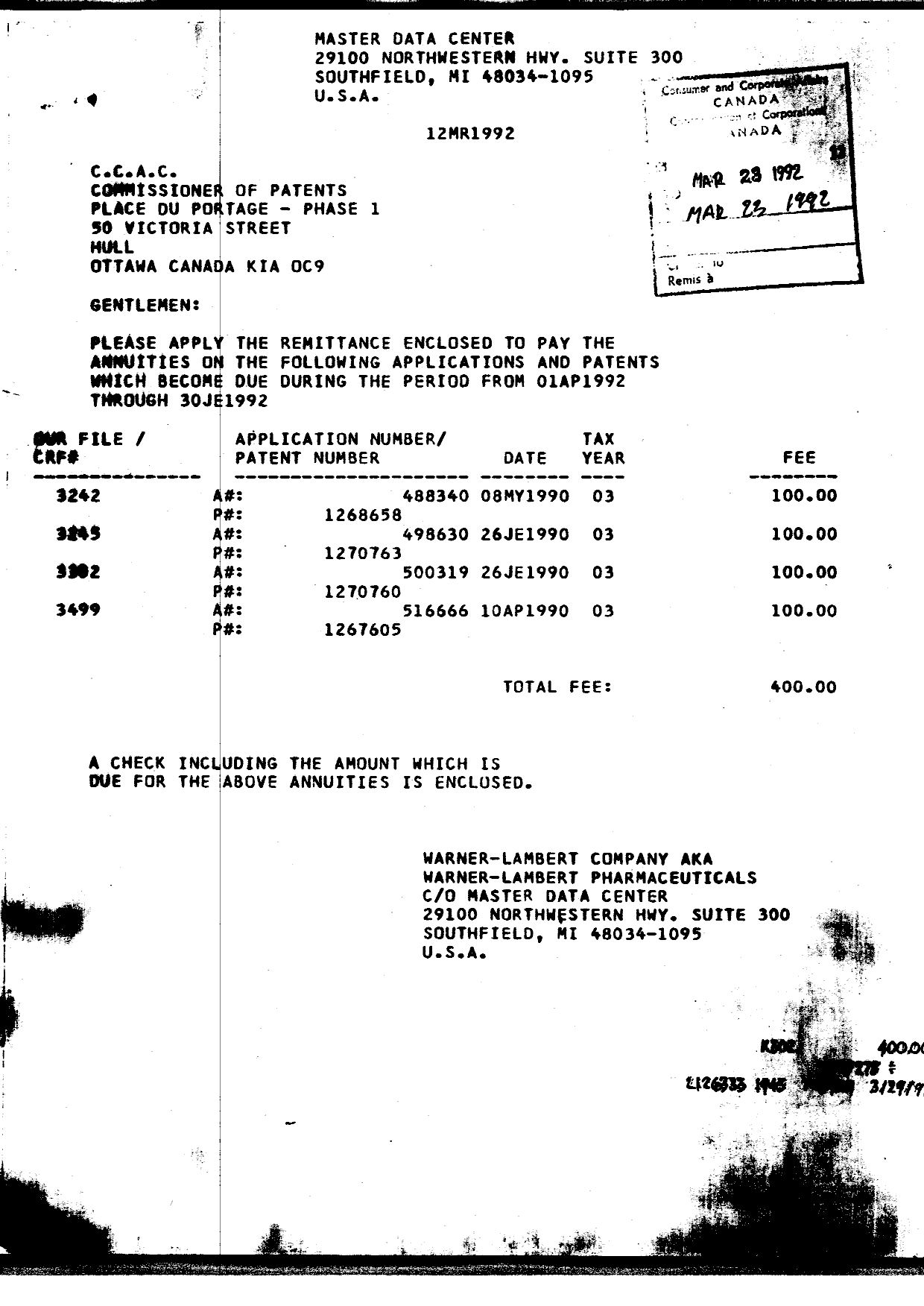 Document de brevet canadien 1267605. Taxes 19920323. Image 1 de 1