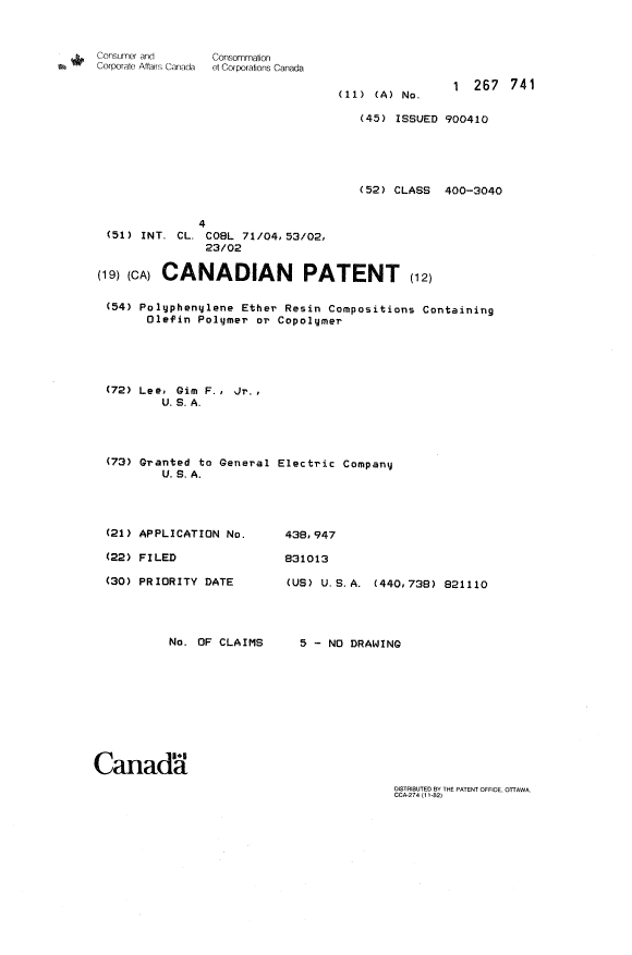 Canadian Patent Document 1267741. Cover Page 19931007. Image 1 of 1