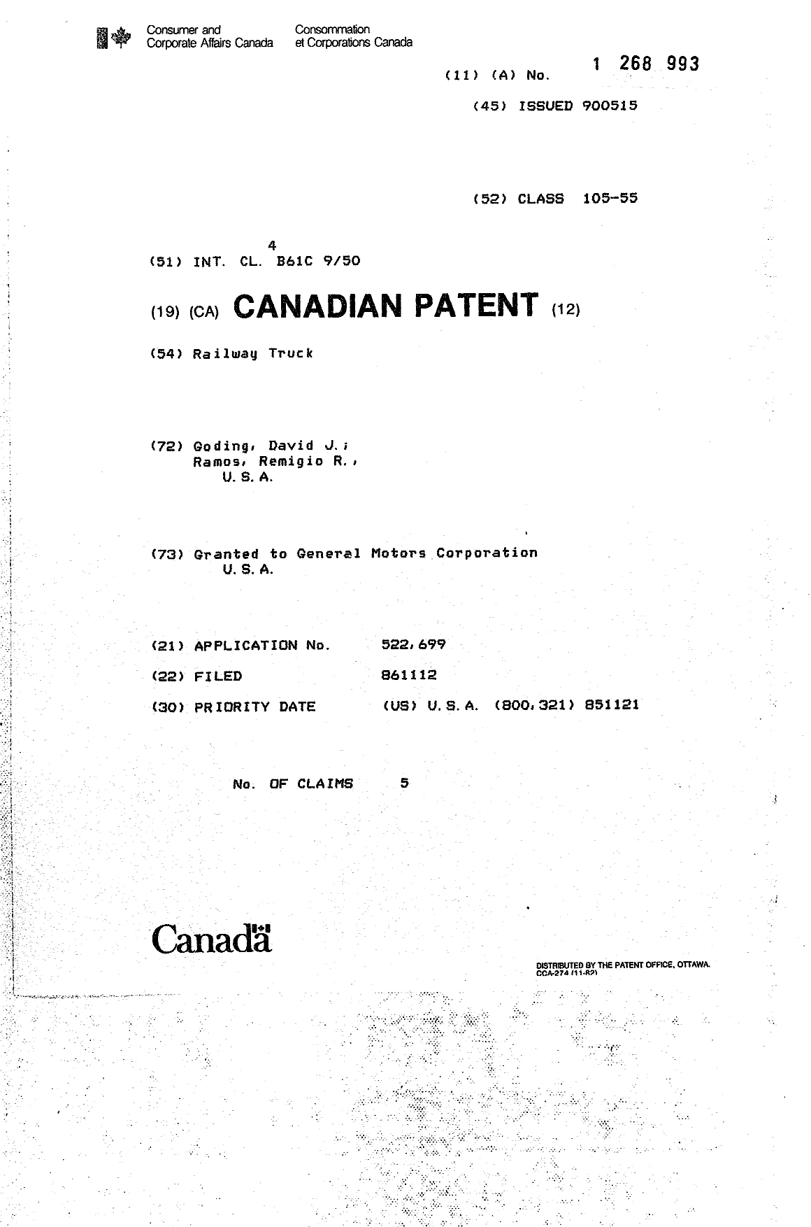 Canadian Patent Document 1268993. Cover Page 19930921. Image 1 of 1
