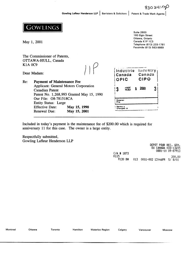 Document de brevet canadien 1268993. Taxes 20010501. Image 1 de 1