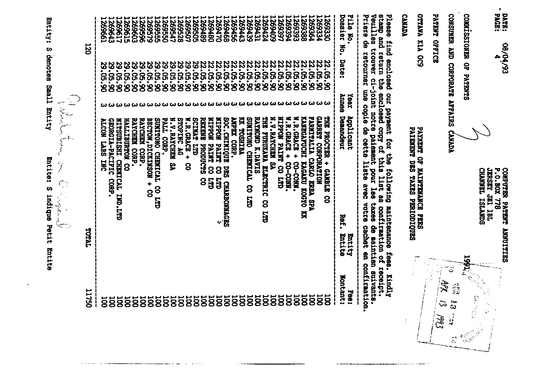 Document de brevet canadien 1269596. Taxes 19930413. Image 1 de 1