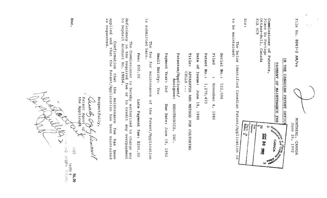 Document de brevet canadien 1270455. Taxes 19920630. Image 1 de 2