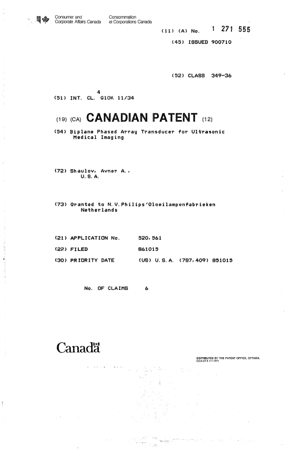Canadian Patent Document 1271555. Cover Page 19931007. Image 1 of 1