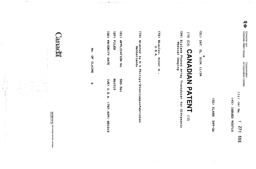 Document de brevet canadien 1271555. Page couverture 19931007. Image 1 de 1