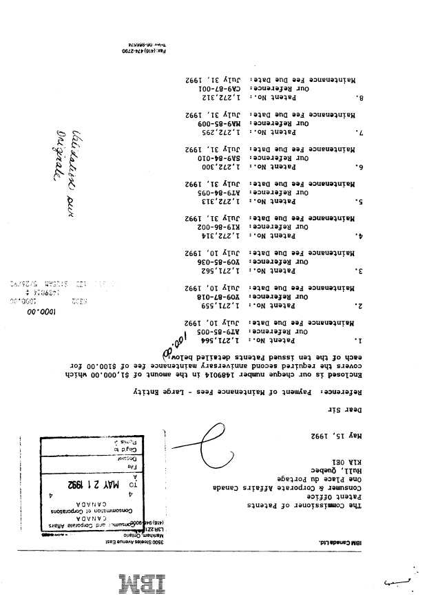 Canadian Patent Document 1271564. Fees 19920521. Image 1 of 1