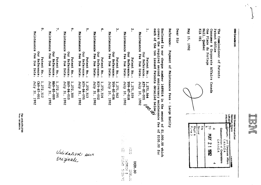 Document de brevet canadien 1271564. Taxes 19920521. Image 1 de 1