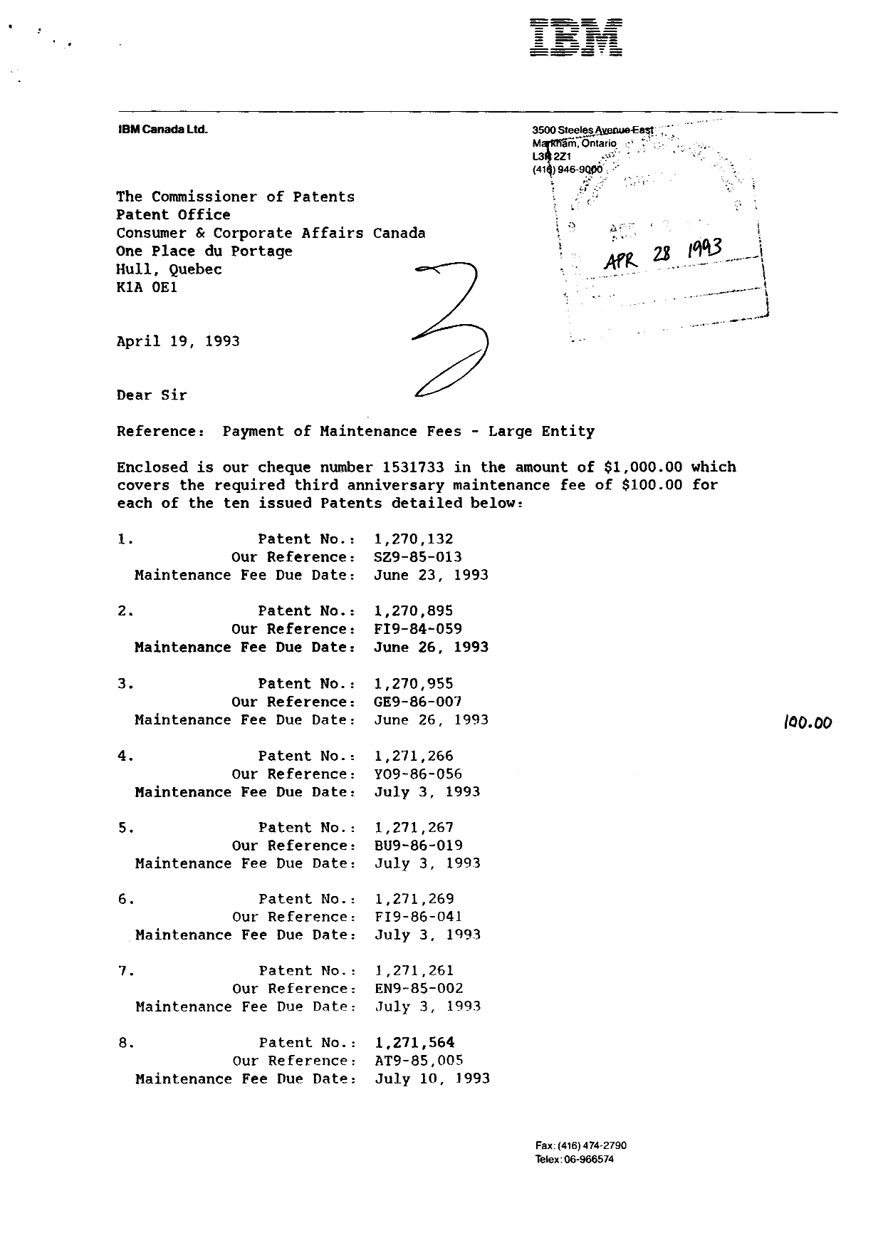 Document de brevet canadien 1271564. Taxes 19930428. Image 1 de 2