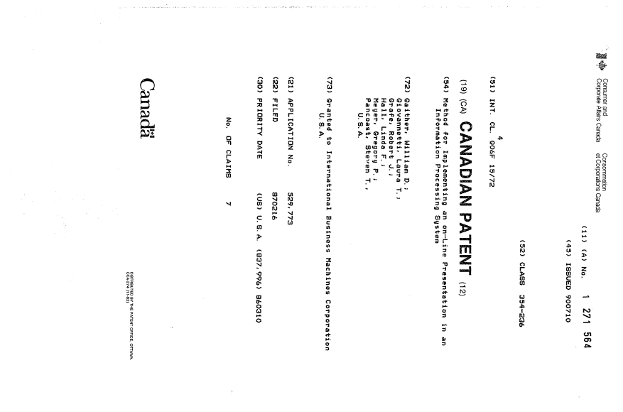 Document de brevet canadien 1271564. Page couverture 19931007. Image 1 de 1