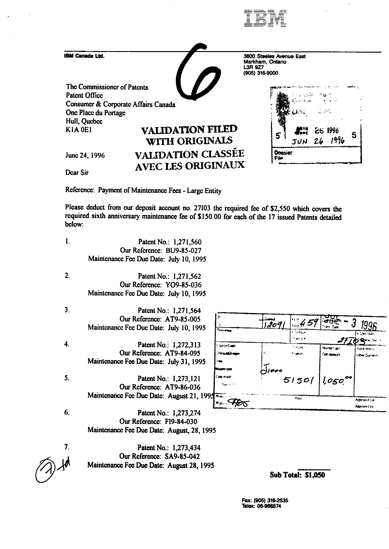Document de brevet canadien 1271564. Taxes 19960626. Image 1 de 1