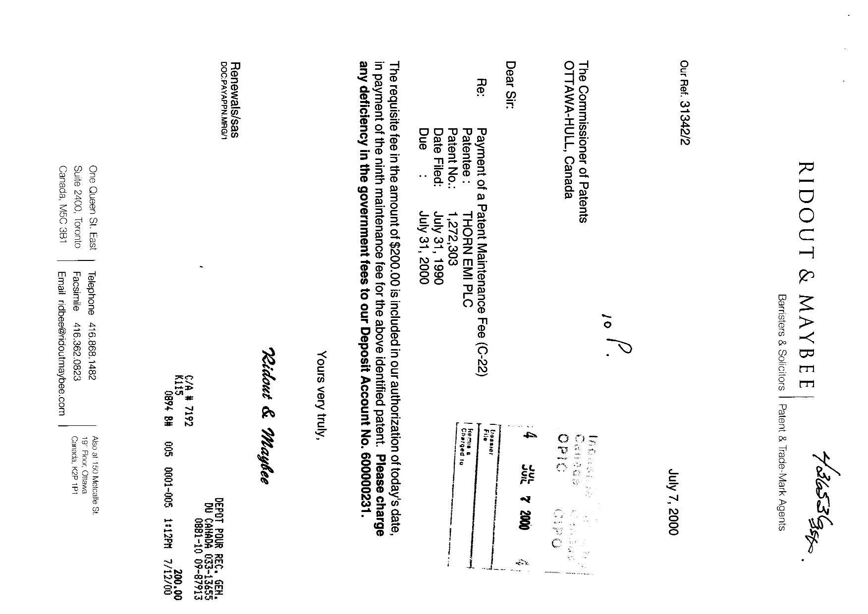 Canadian Patent Document 1272303. Fees 20000707. Image 1 of 1